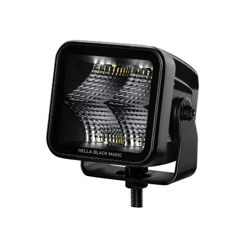 HELLA X-Treme Series LED Driving Lights with white X-shape position light, IP69K, rugged aluminum housing, auxiliary high-beam.