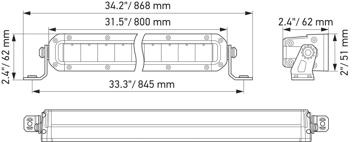 HELLA Black Magic Tough Slim Lightbar 30" — technical drawing with dimensions