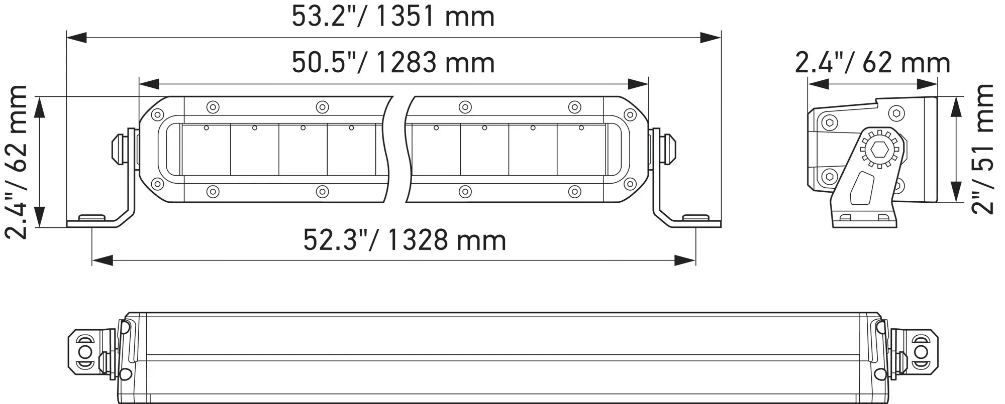 HELLA Black Magic Tough Slim Lightbar 50" — technical drawing with dimensions