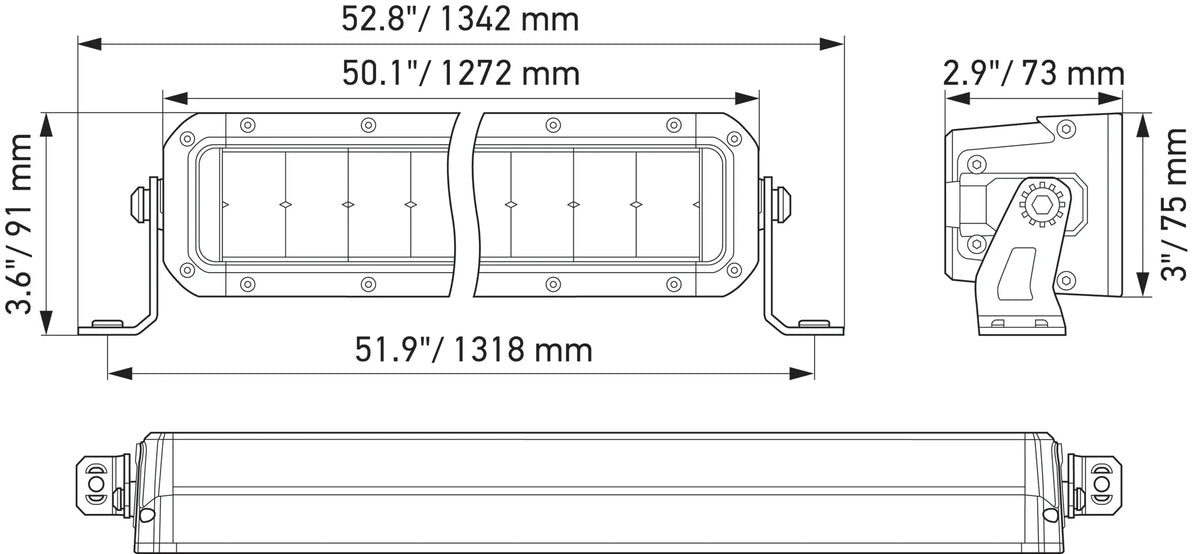 HELLA Black Magic Tough Double Row Lightbar 50" — technical drawing with dimensions