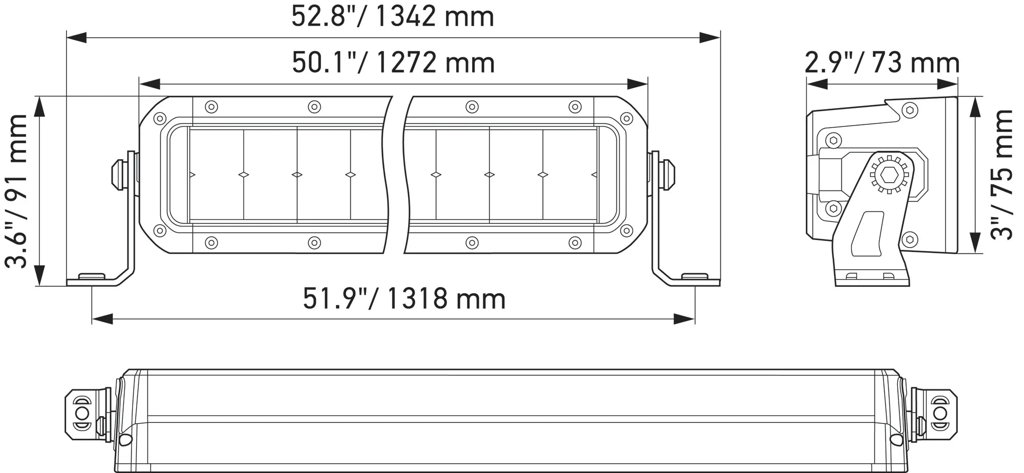 HELLA Black Magic Tough Double Row Lightbar 50" — technical drawing with dimensions
