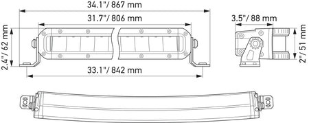 HELLA Black Magic Tough Slim Curved Lightbar 30" — technical drawing with dimensions