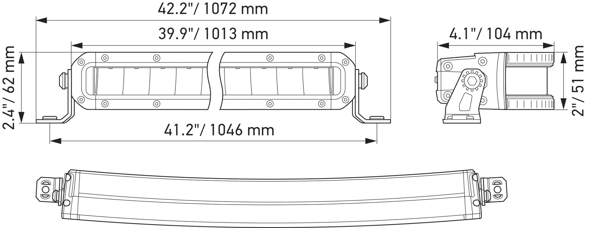 HELLA Black Magic Tough Slim Curved Lightbar 40" — technical drawing with dimensions