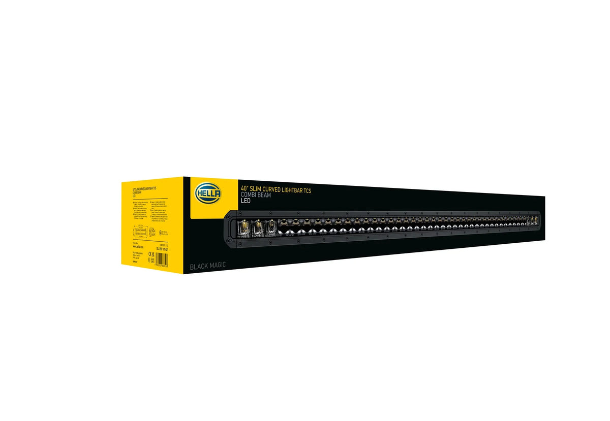 HELLA Black Magic Tough Slim Curved Lightbar 40" — angled product view of slim curved bar