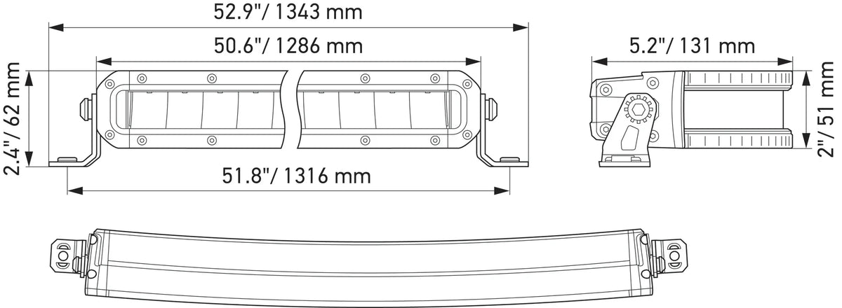 HELLA Black Magic Tough Slim Curved Lightbar 50" — technical drawing with dimensions