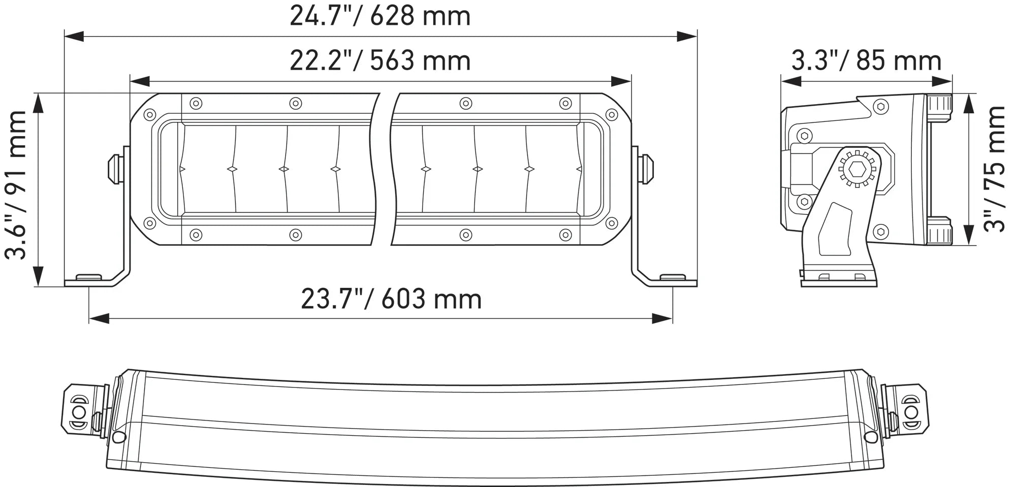HELLA Black Magic Tough Double Row Curved Lightbar 20" — technical drawing with dimensions