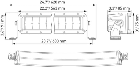 HELLA Black Magic Tough Double Row Curved Lightbar 20" — technical drawing with dimensions