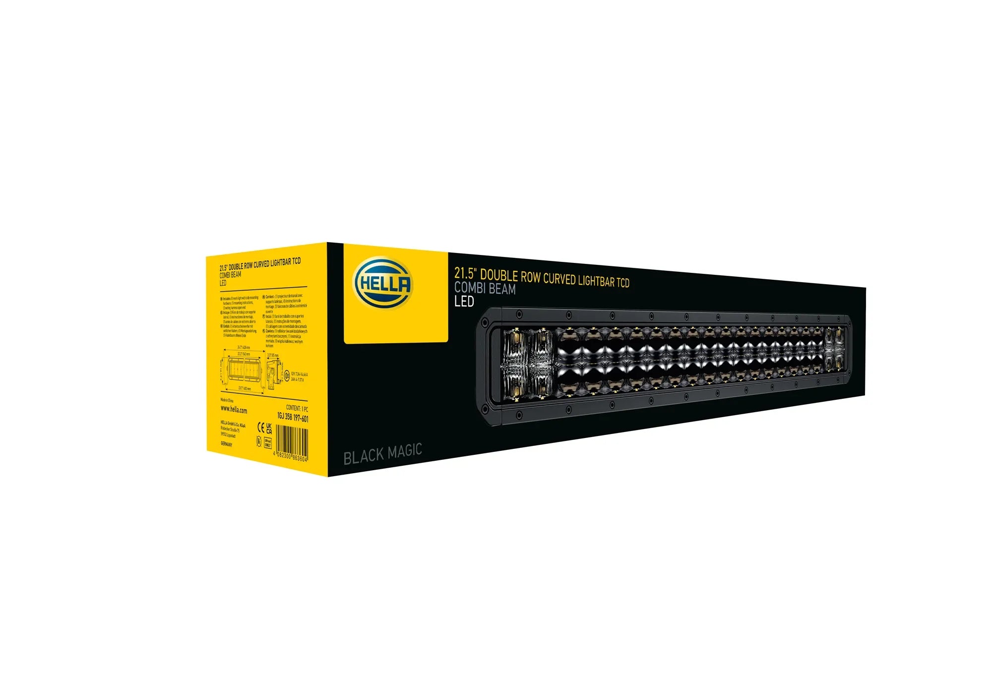 HELLA Black Magic Tough Double Row Curved Lightbar 20" — angled product view with clear lens