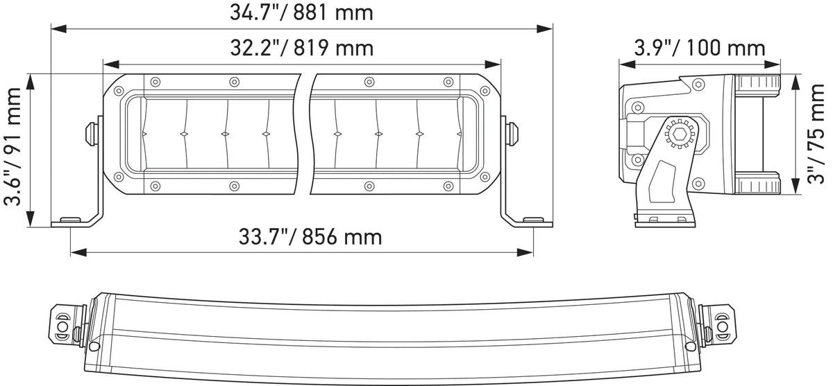 HELLA X-Treme Series LED Driving Lights technical drawing, rugged aluminum housing, IP69K, off-road auxiliary high-beam dimensions.
