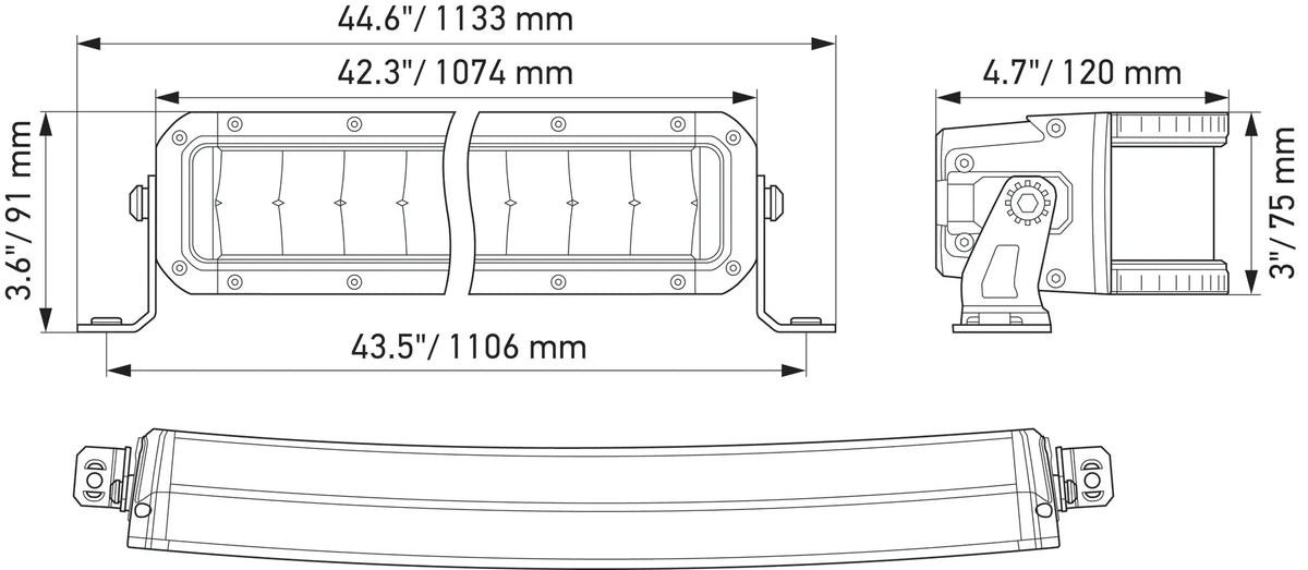 HELLA Black Magic Tough Double Row Curved Lightbar 40" — technical drawing with dimensions
