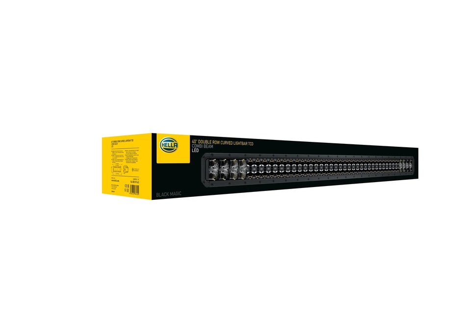 HELLA Black Magic Tough Double Row Curved Lightbar 40" — angled product view with clear lens