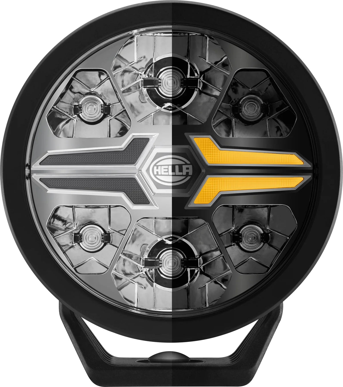 HELLA X-Treme Series LED Driving Lights showing white and amber X-shape position light, IP69K rated, auxiliary high-beam, rugged aluminum housing for off-road use.