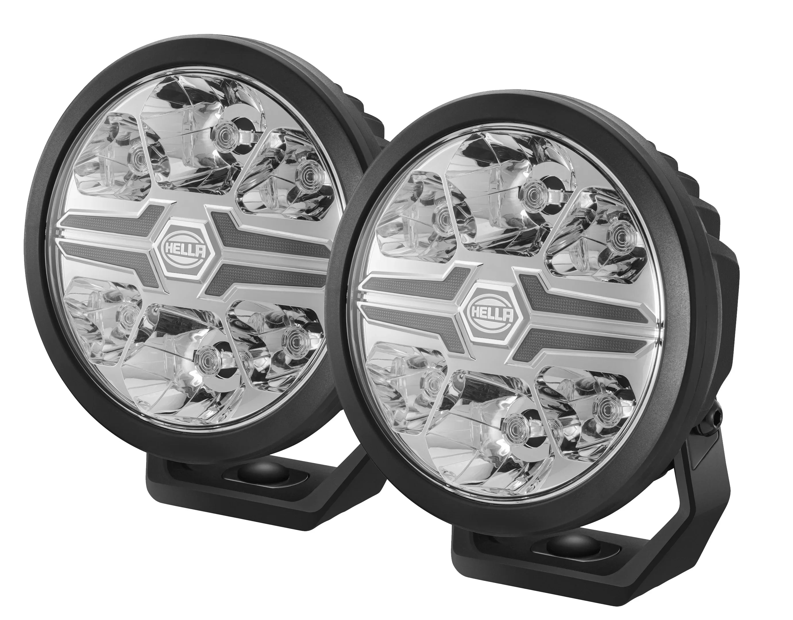 HELLA X-Treme Series LED Driving Lights in white mode with X-shape position light, IP69K, rugged aluminum housing, auxiliary high-beam, for off-road.