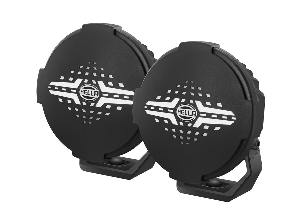 HELLA X-Treme Series LED Driving Lights in rugged aluminum housing with IP69K rating, X-shape position light, white mode, auxiliary high-beam, off-road ready.