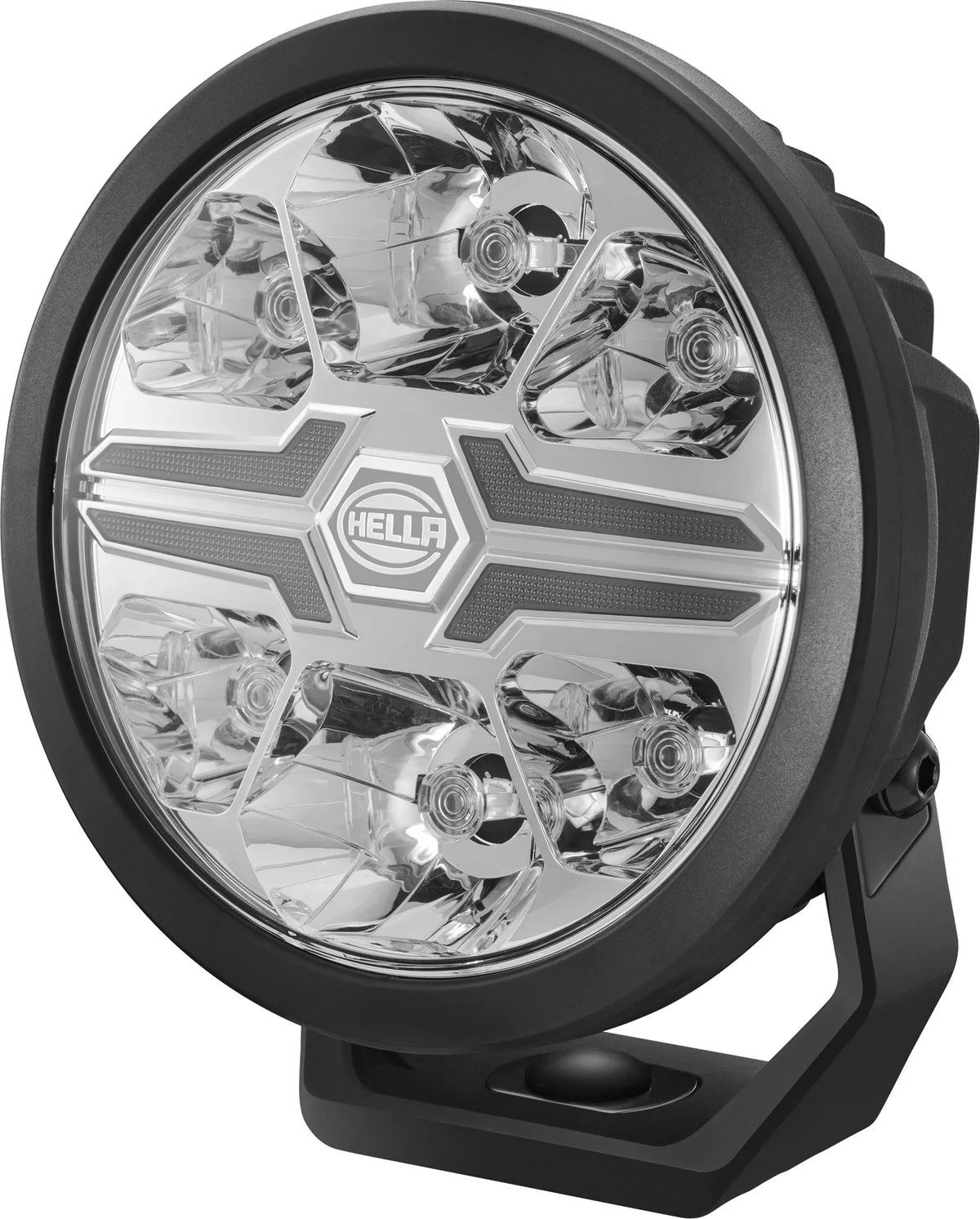 HELLA X-Treme Series LED Driving Lights in White mode with X-shape position light, IP69K rating, rugged aluminum housing, clear lens, auxiliary high-beam for off-road