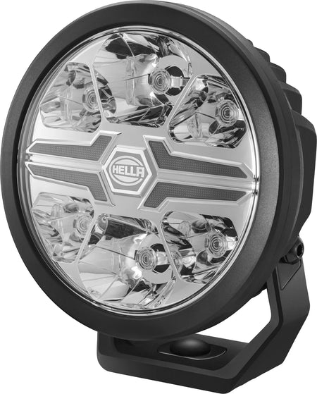 HELLA X-Treme Series LED Driving Lights in White mode with X-shape position light, IP69K rating, rugged aluminum housing, clear lens, auxiliary high-beam for off-road