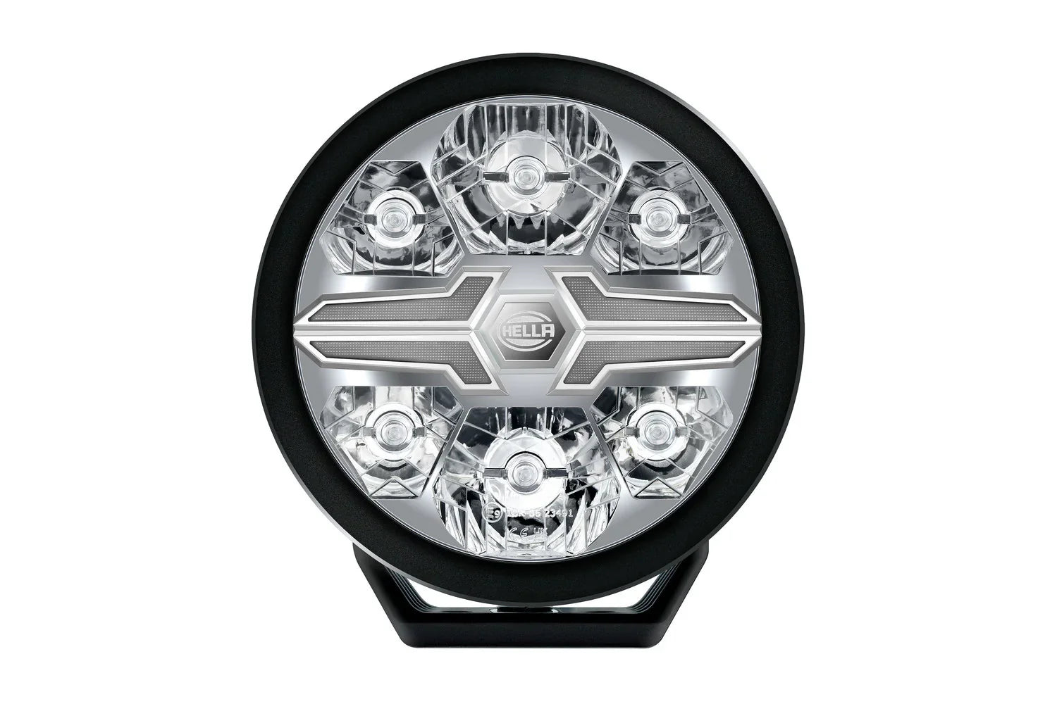 HELLA X-Treme Series LED Driving Lights, white X-shape position light, IP69K, rugged aluminum housing, auxiliary high-beam, off-road ready.