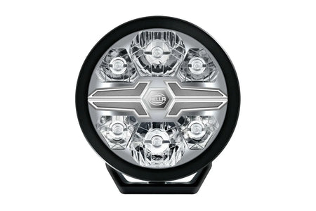 HELLA X-Treme Series LED Driving Lights, white X-shape position light, IP69K, rugged aluminum housing, auxiliary high-beam, off-road ready.