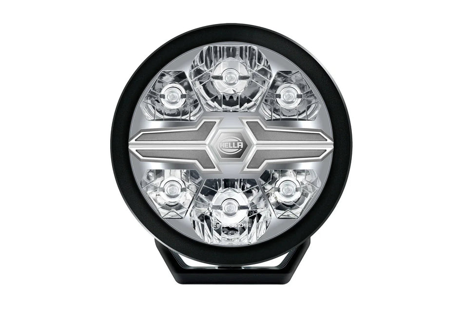 HELLA X-Treme Series LED Driving Lights, white X-shape position light, IP69K, rugged aluminum housing, auxiliary high-beam, off-road ready.