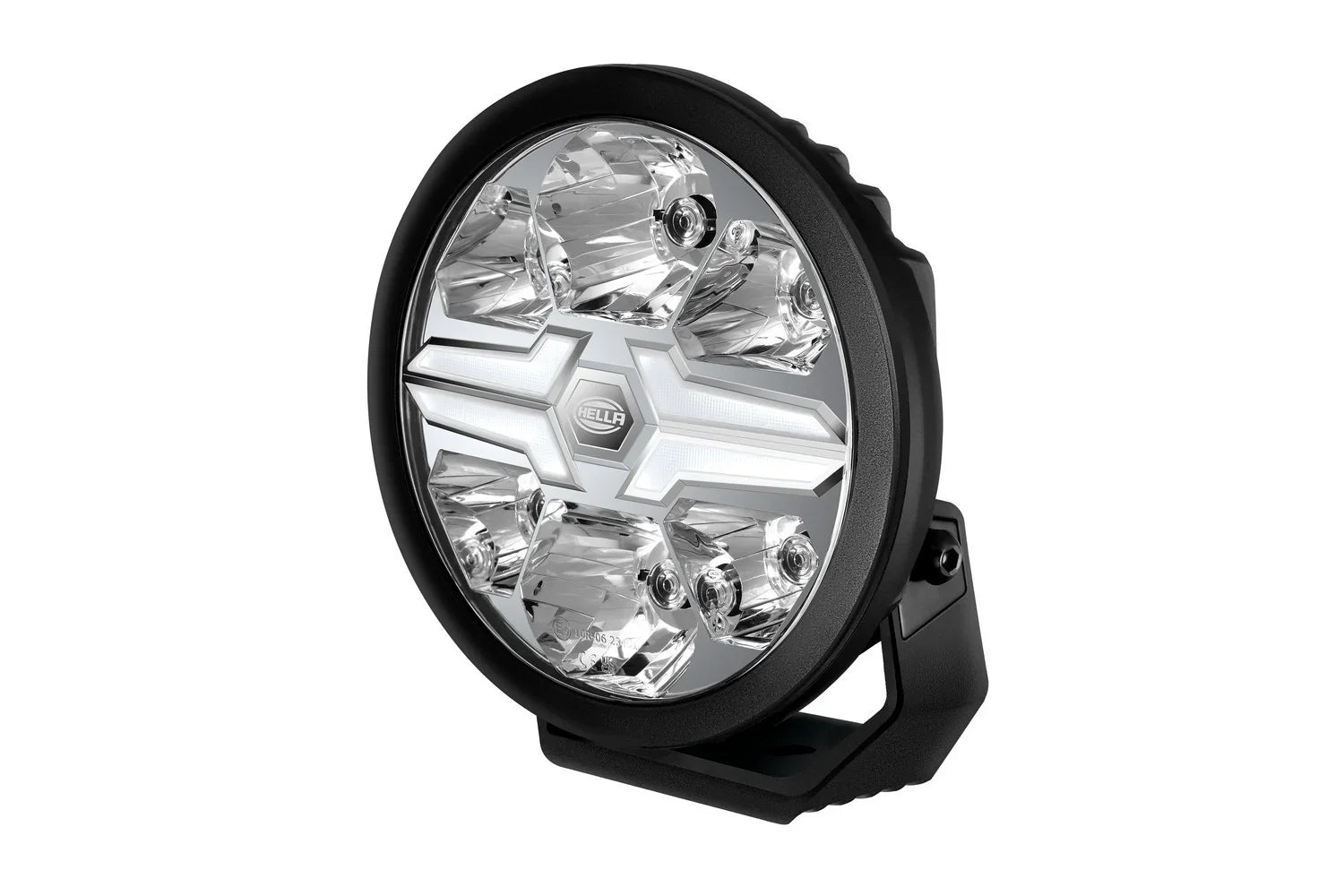 HELLA X-Treme Series LED Driving Lights in White mode, X-shape position light, IP69K, rugged aluminum housing, auxiliary high-beam for off-road use.