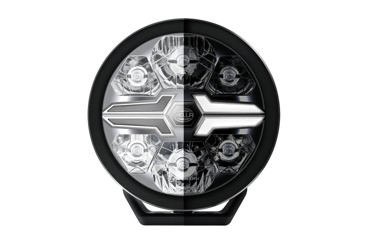 HELLA X-Treme Series LED Driving Lights, auxiliary high-beam, IP69K, X-shape position light, rugged aluminum housing, white mode.