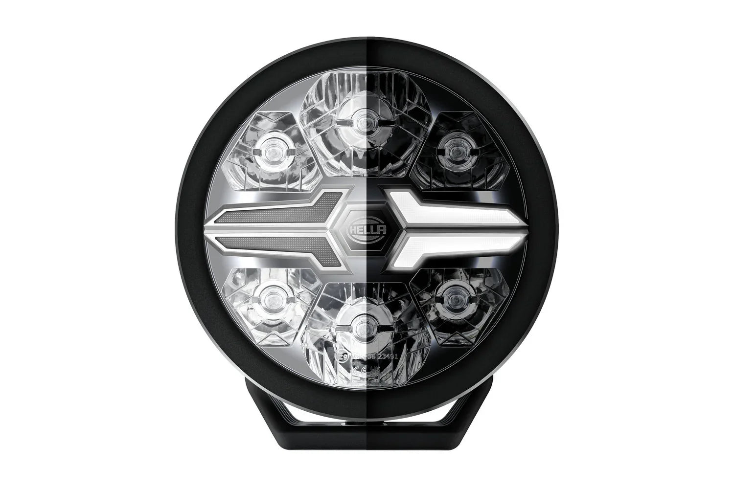 HELLA X-Treme Series LED Driving Lights, auxiliary high-beam, IP69K, X-shape position light, rugged aluminum housing, white mode.