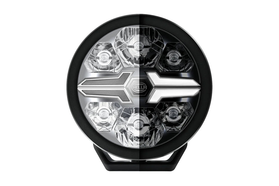 HELLA X-Treme Series LED Driving Lights, auxiliary high-beam, IP69K, X-shape position light, rugged aluminum housing, white mode.