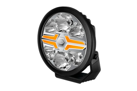 HELLA X-Treme Series LED Driving Lights in amber mode, X-shape position light, rugged aluminum, IP69K, auxiliary high-beam, off-road