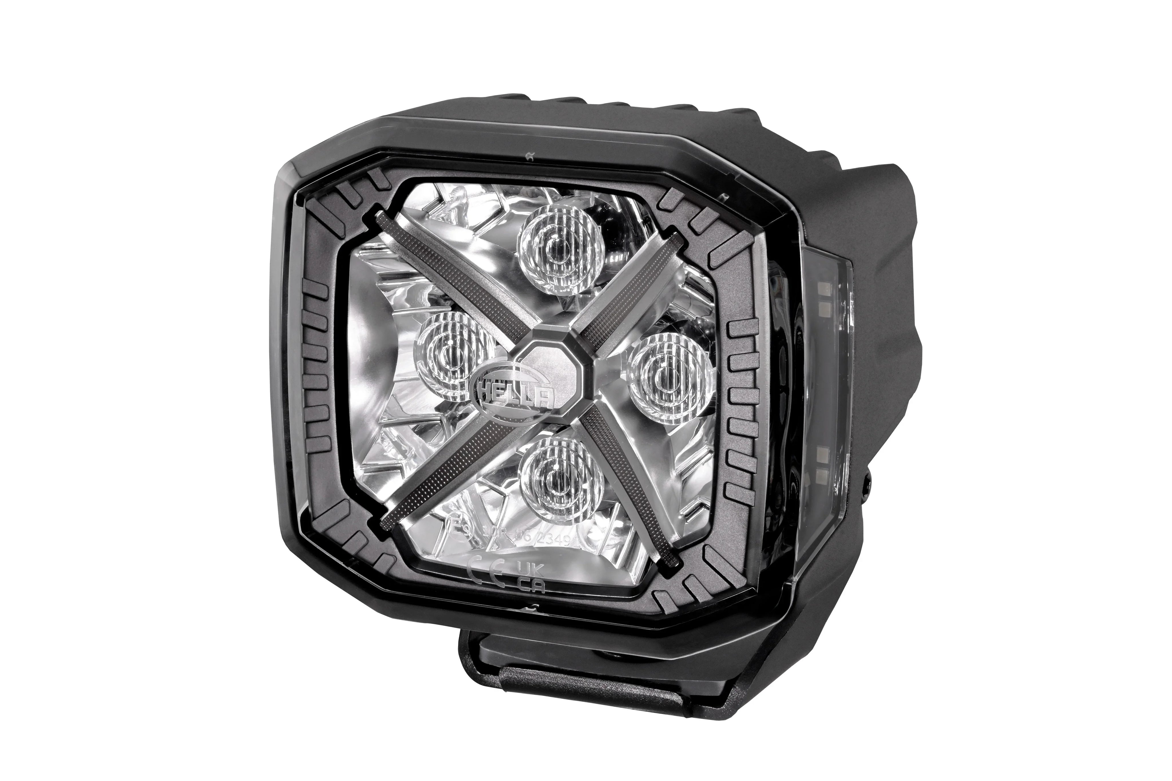 HELLA X-Treme Series LED Driving Lights in white mode, X-shape position light, rugged aluminum housing, IP69K, auxiliary high-beam, off-road.