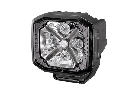 HELLA X-Treme Series LED Driving Lights in white mode, X-shape position light, rugged aluminum housing, IP69K, auxiliary high-beam, off-road.