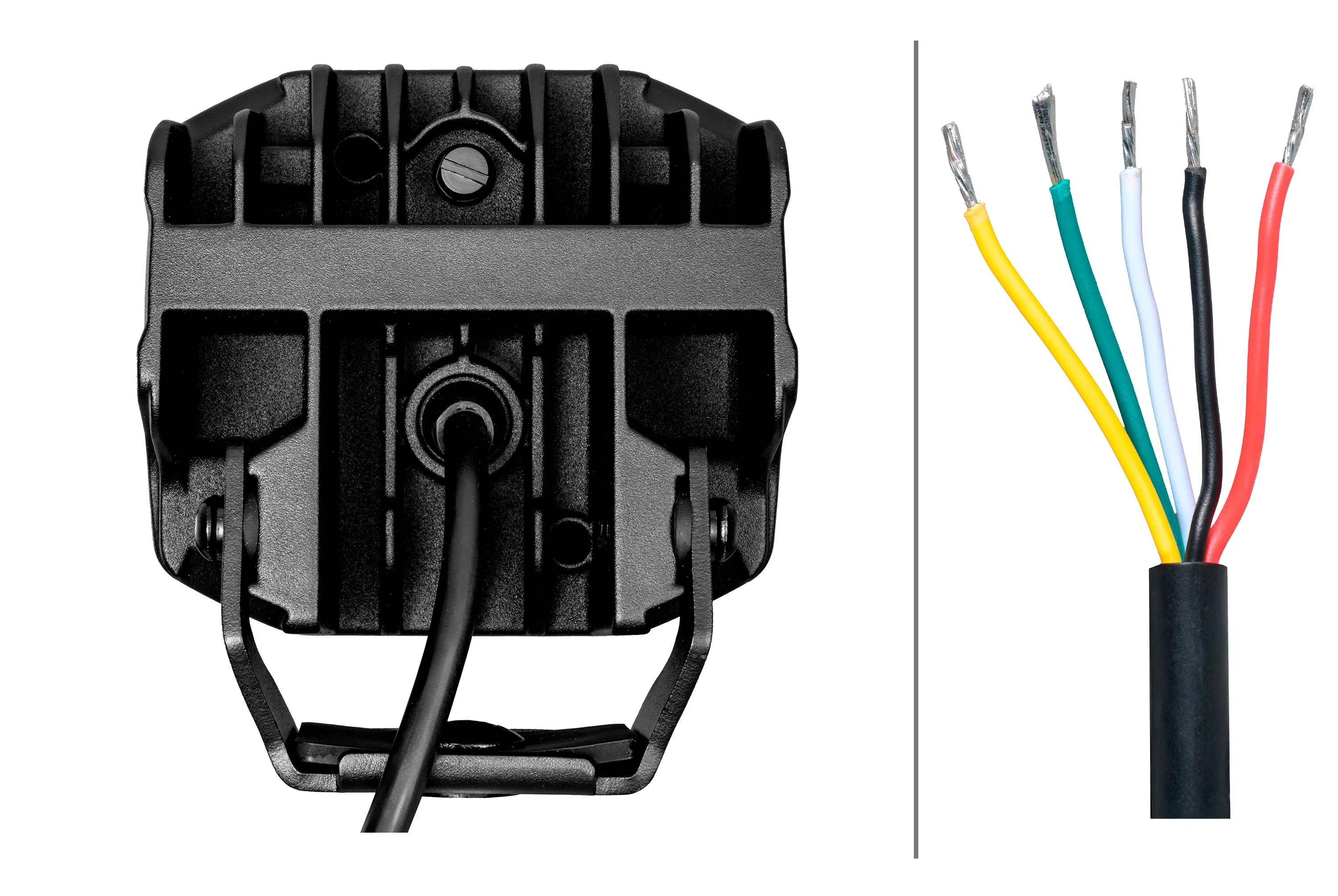HELLA X-Treme Series LED Driving Lights IP69K auxiliary high-beam, rugged housing and wiring closeup.