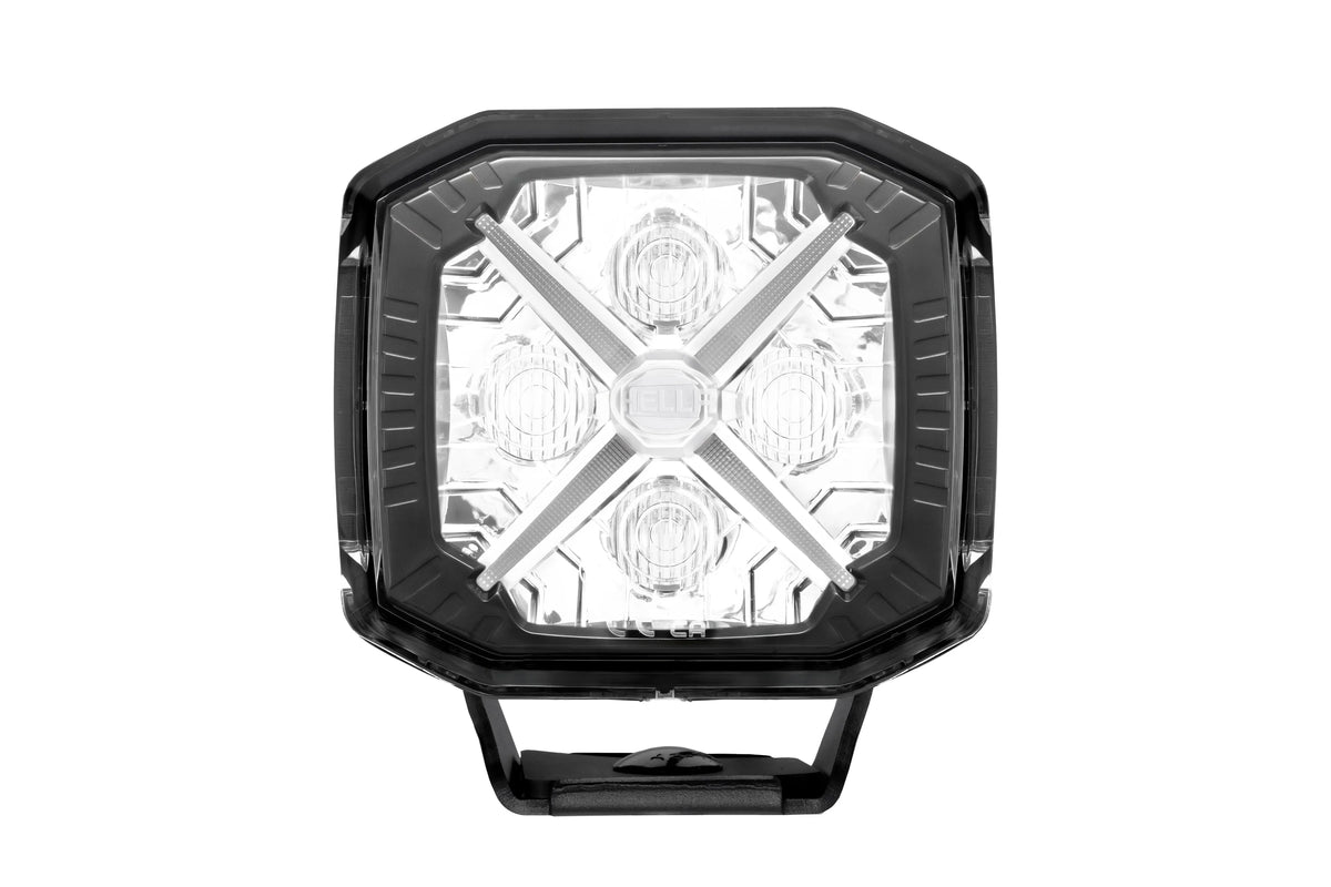 HELLA X-Treme Series LED Driving Light in white X-shape position light mode, rugged housing, IP69K, auxiliary high-beam, off-road ready