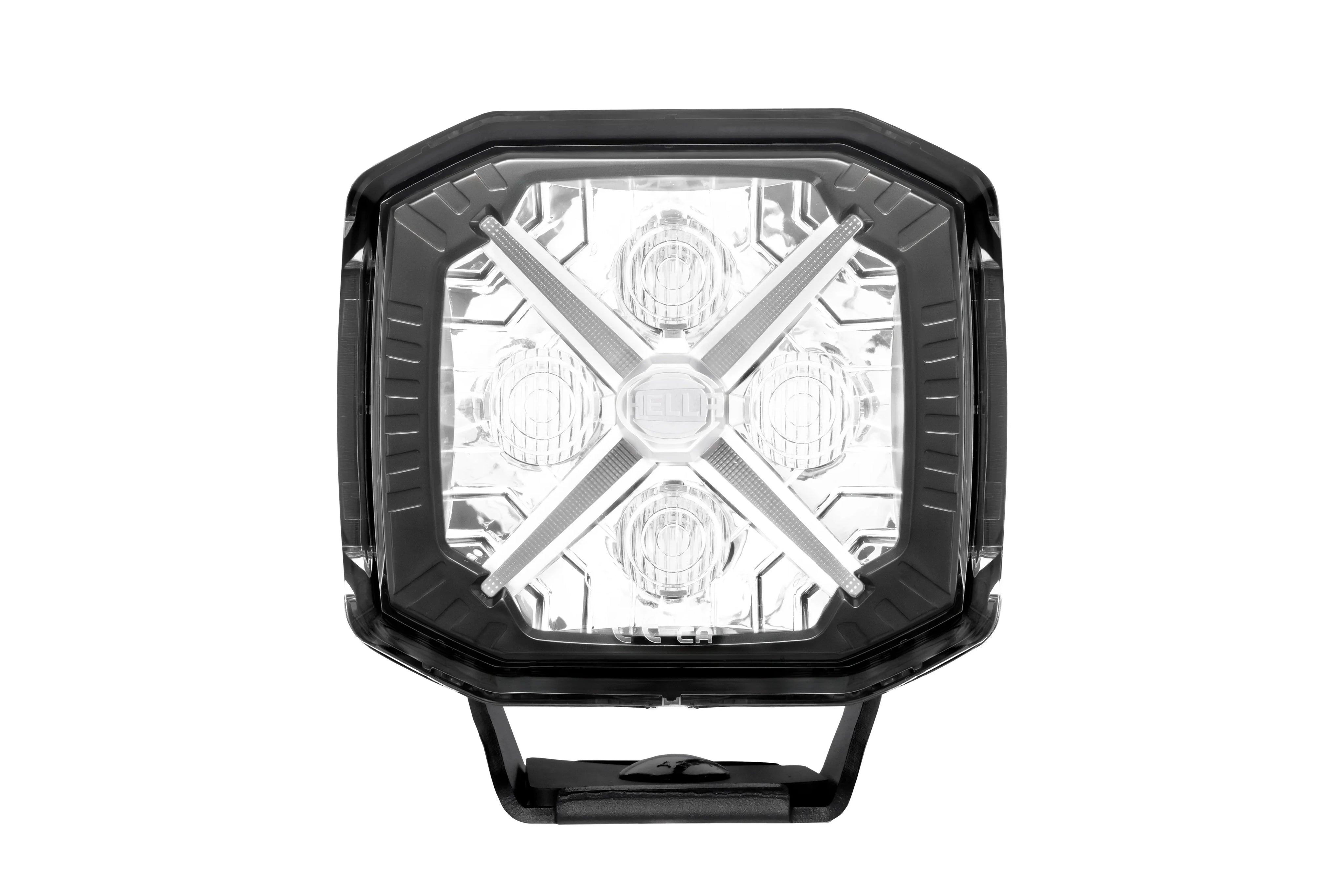 HELLA X-Treme Series LED Driving Light in white X-shape position light mode, rugged housing, IP69K, auxiliary high-beam, off-road ready
