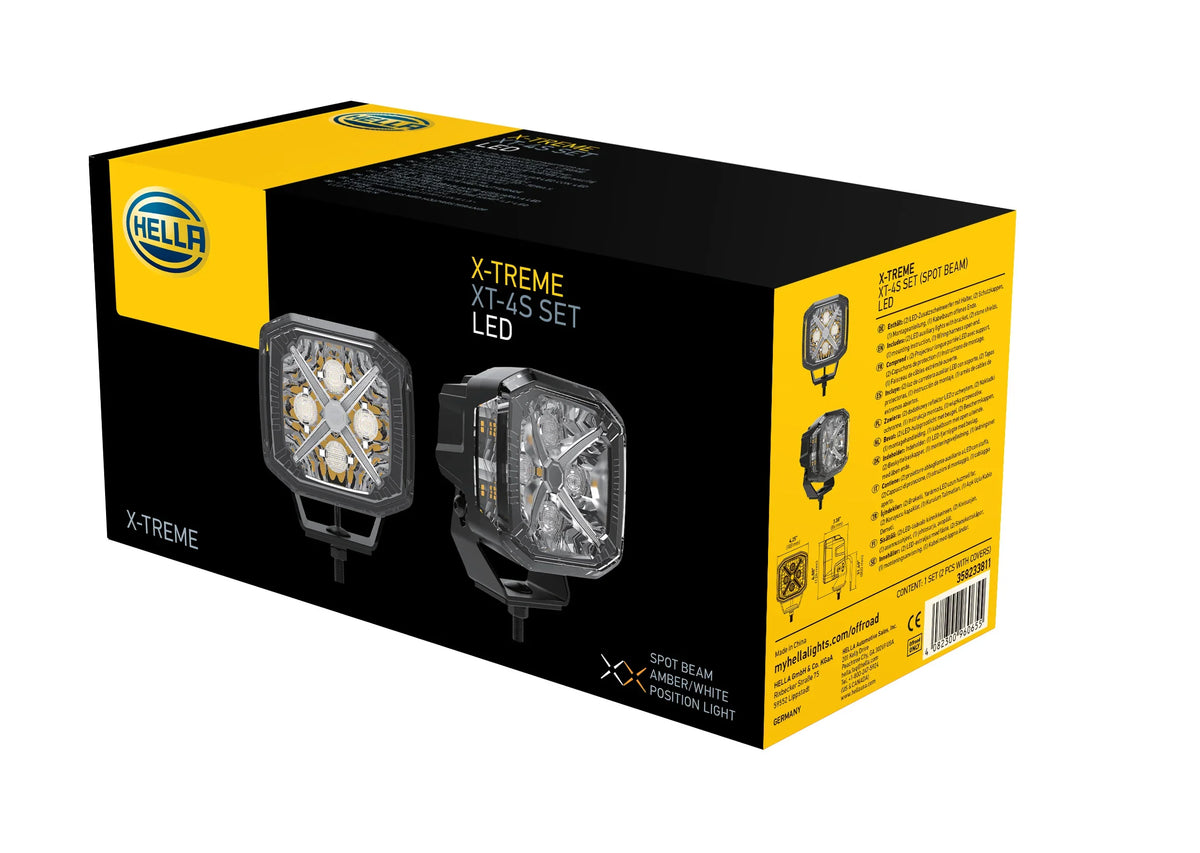 HELLA X-Treme Series LED Driving Lights XT-4S set with X-shape position light, IP69K, auxiliary high-beam for off-road.