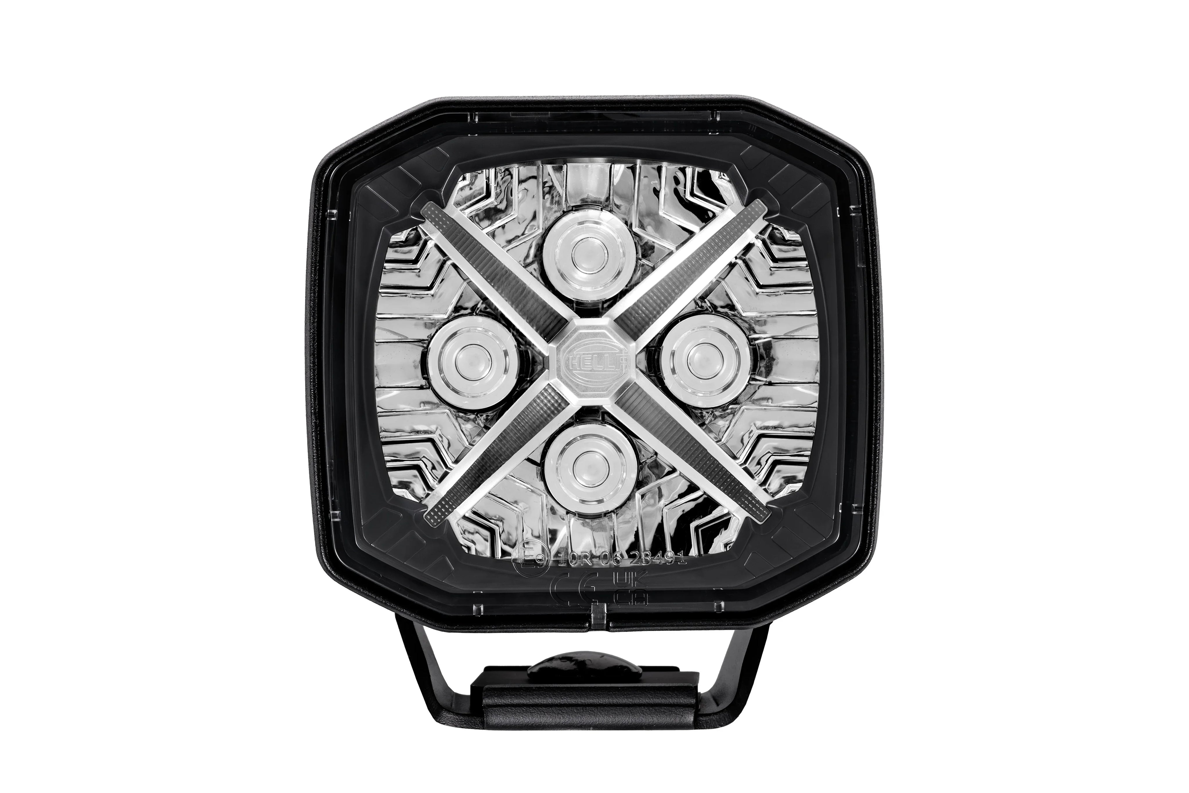 HELLA X-Treme Series LED Driving Lights in white mode, clear lens, X-shape position light, rugged aluminum build, IP69K rated, auxiliary high-beam for off-road