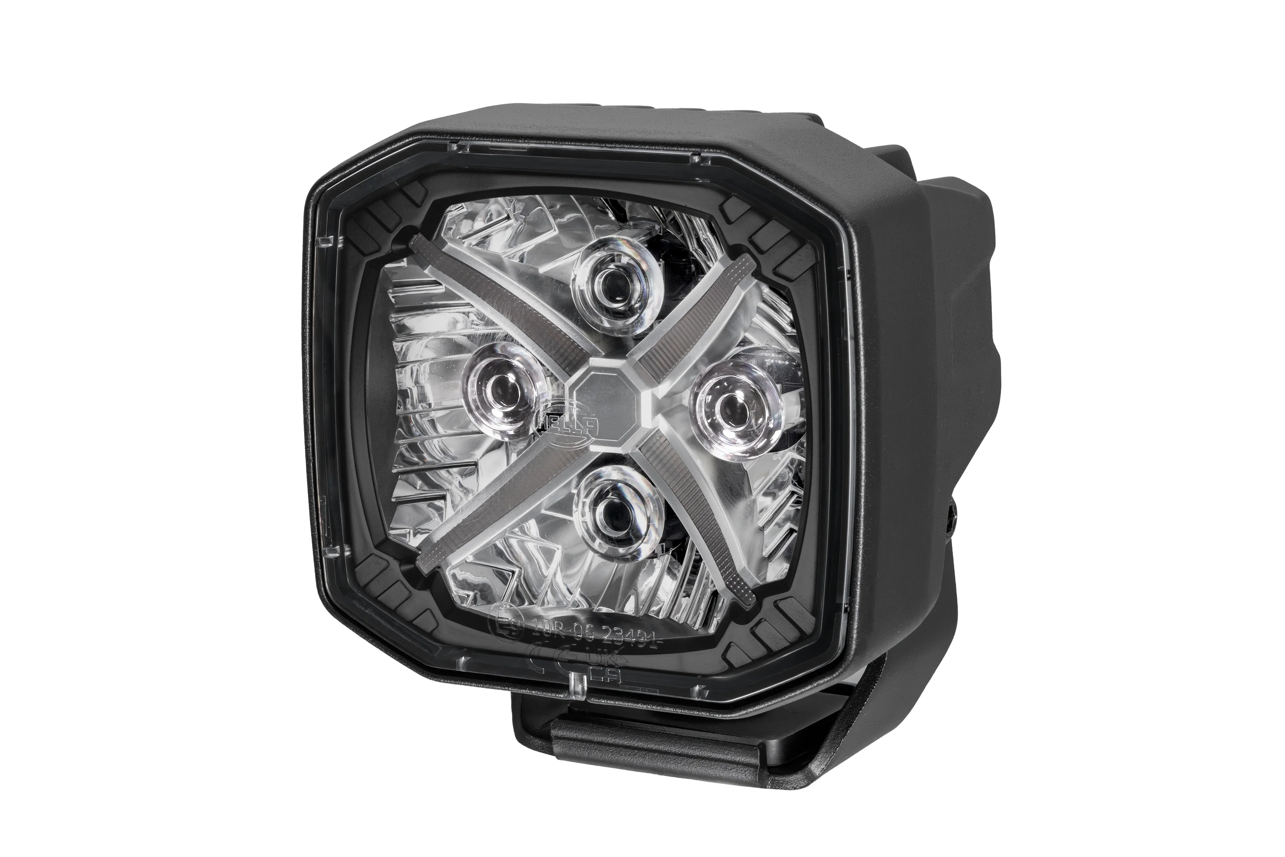 HELLA X-Treme Series LED Driving Lights in white mode, rugged aluminum housing, X-shape position light, IP69K rated, auxiliary high-beam for off-road