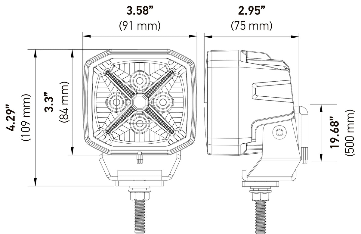 HELLA X-Treme Series LED Driving Lights technical drawing with X-shape position light, auxiliary high-beam, rugged aluminum housing, IP69K rated for off-road use.