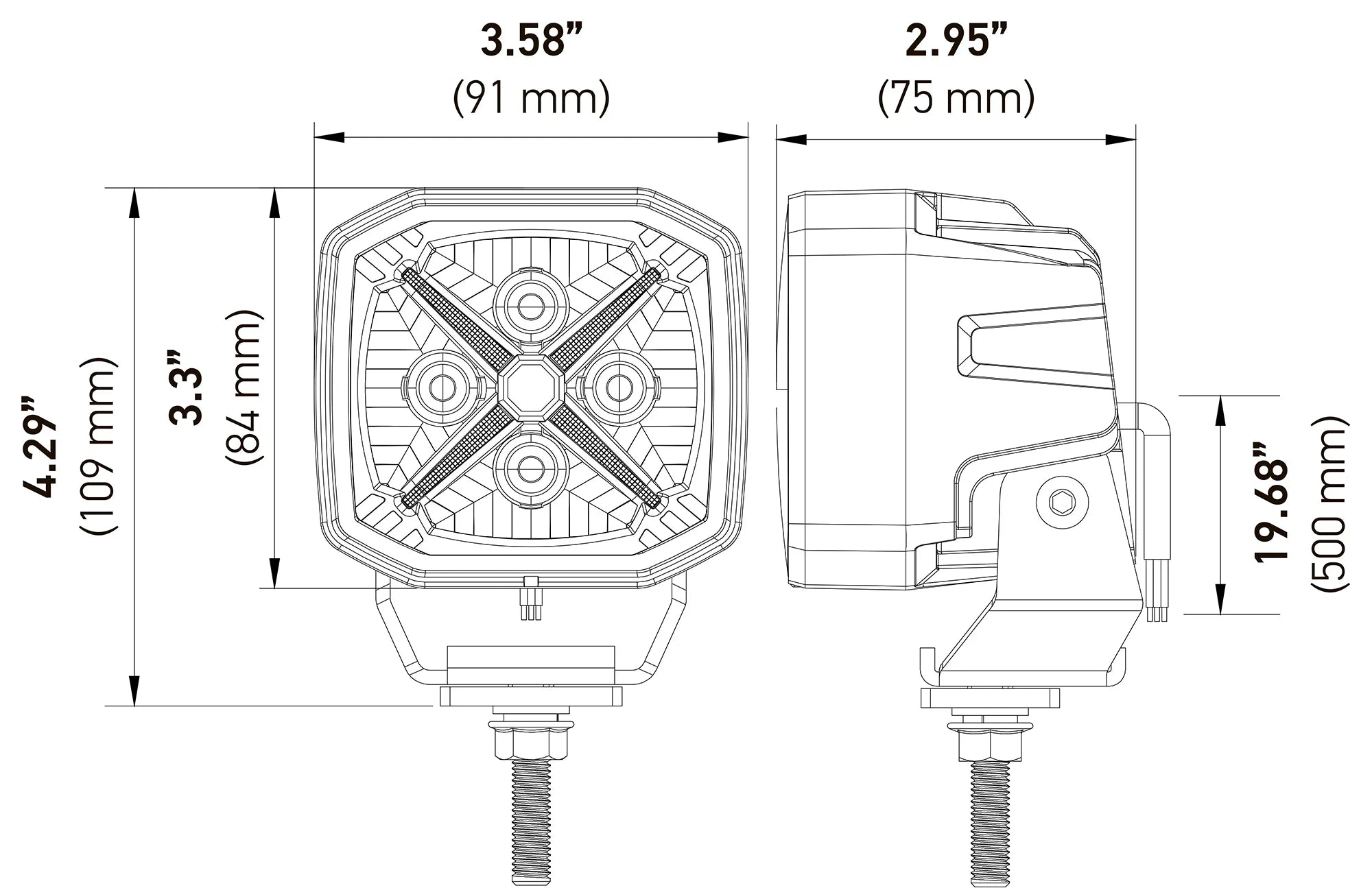 HELLA X-Treme Series LED Driving Lights technical drawing with X-shape position light, auxiliary high-beam, rugged aluminum housing, IP69K rated for off-road use.