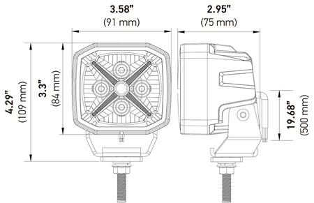 HELLA X-Treme Series LED Driving Lights technical drawing with X-shape position light, auxiliary high-beam, rugged aluminum housing, IP69K rated for off-road use.