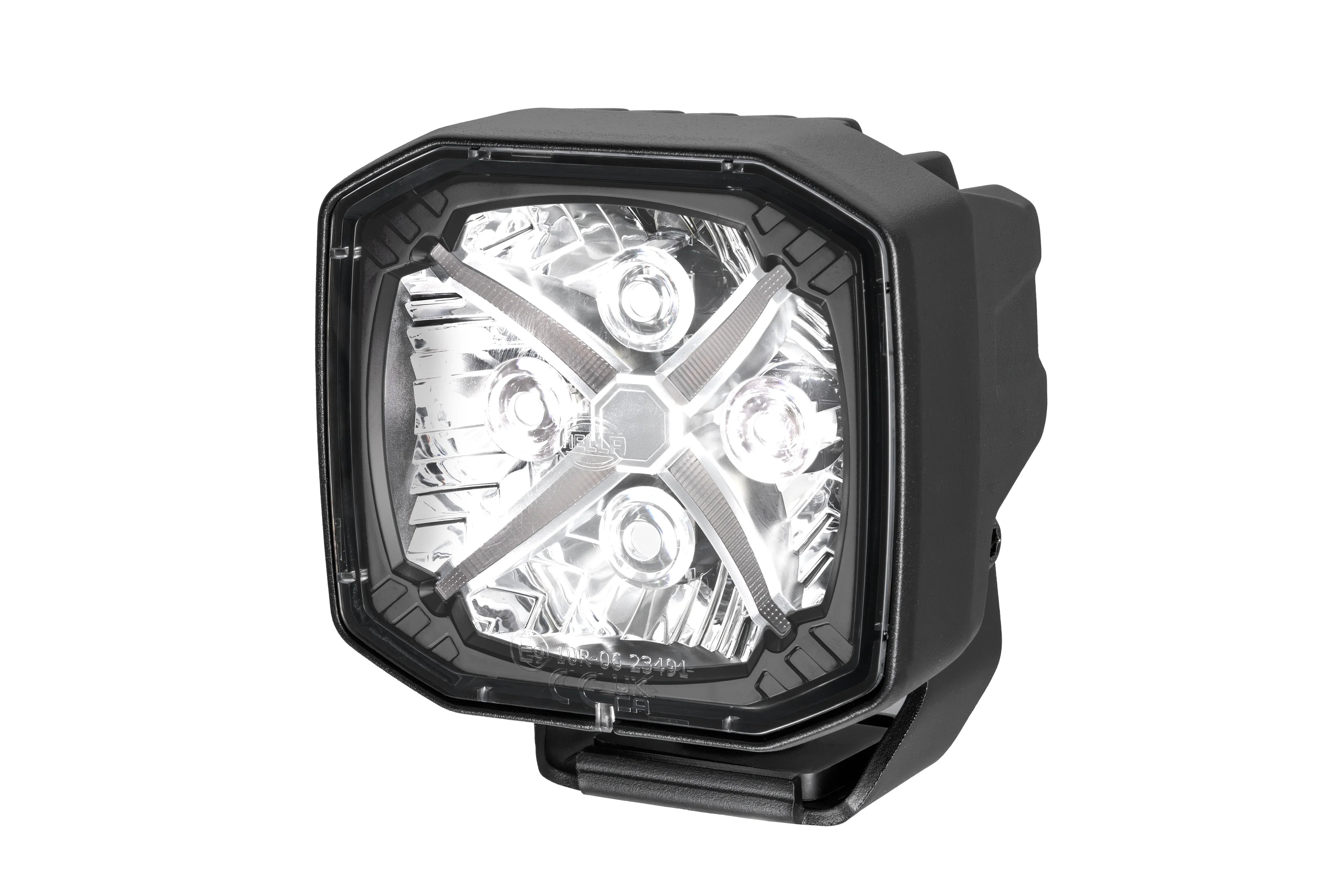 HELLA X-Treme Series LED Driving Lights in white mode with X-shape position light, IP69K, rugged housing, auxiliary high-beam for off-road