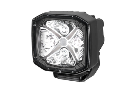 HELLA X-Treme Series LED Driving Lights in white mode with X-shape position light, IP69K, rugged housing, auxiliary high-beam for off-road