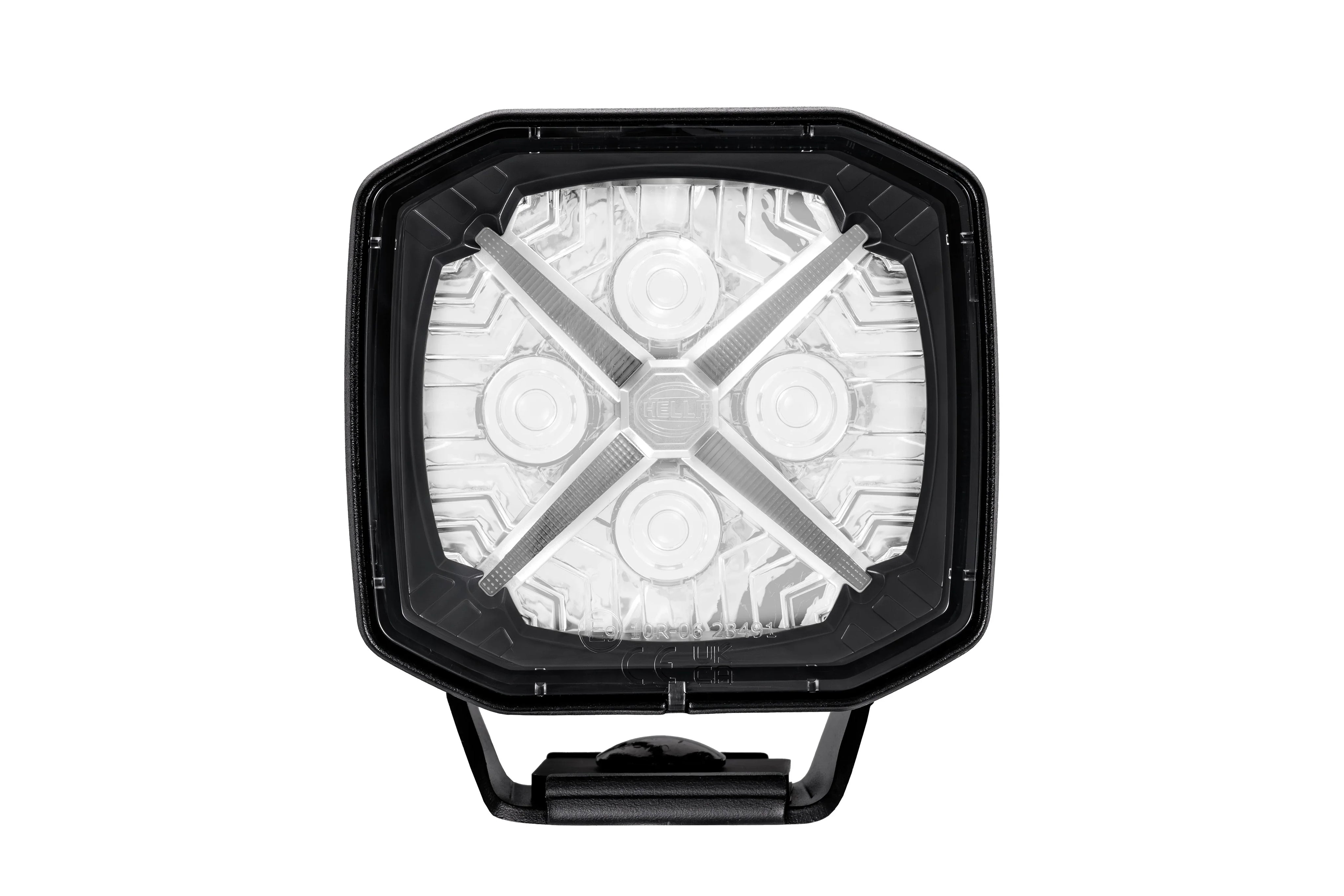 HELLA X-Treme Series LED Driving Light with white X-shape position light, IP69K, rugged housing, auxiliary high-beam, off-road