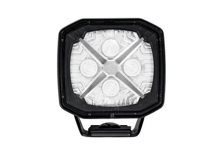 HELLA X-Treme Series LED Driving Light with white X-shape position light, IP69K, rugged housing, auxiliary high-beam, off-road
