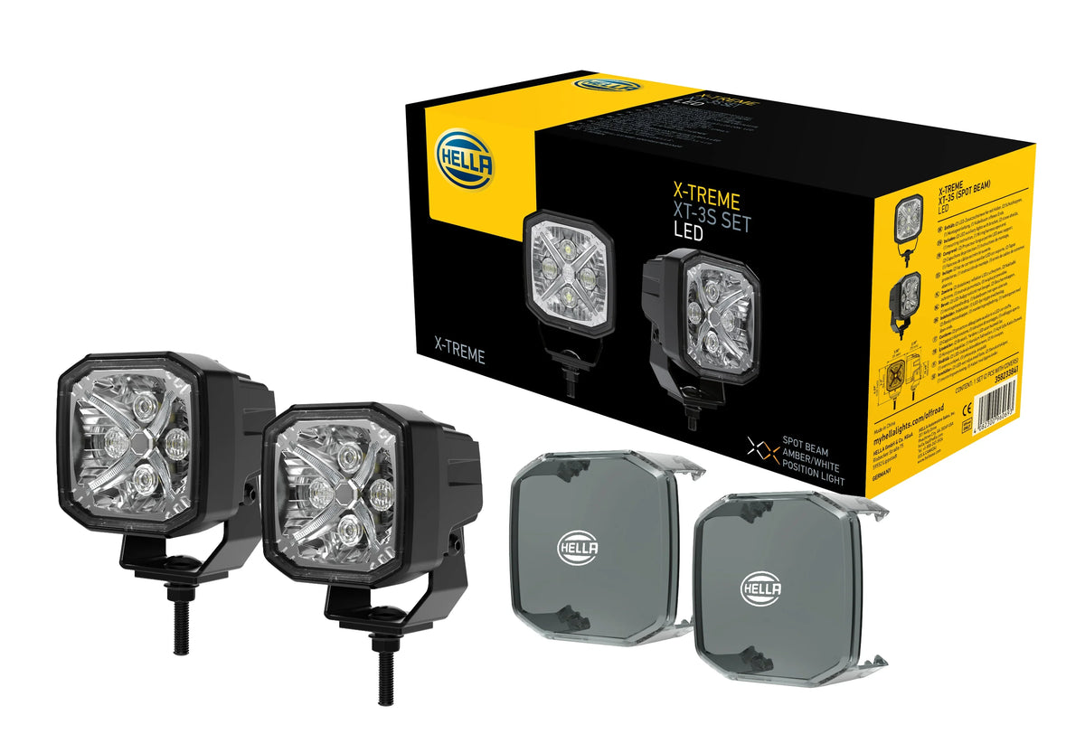 HELLA X-Treme Series LED Driving Lights with X-shape position light, rugged housing, IP69K, off-road auxiliary high-beam.