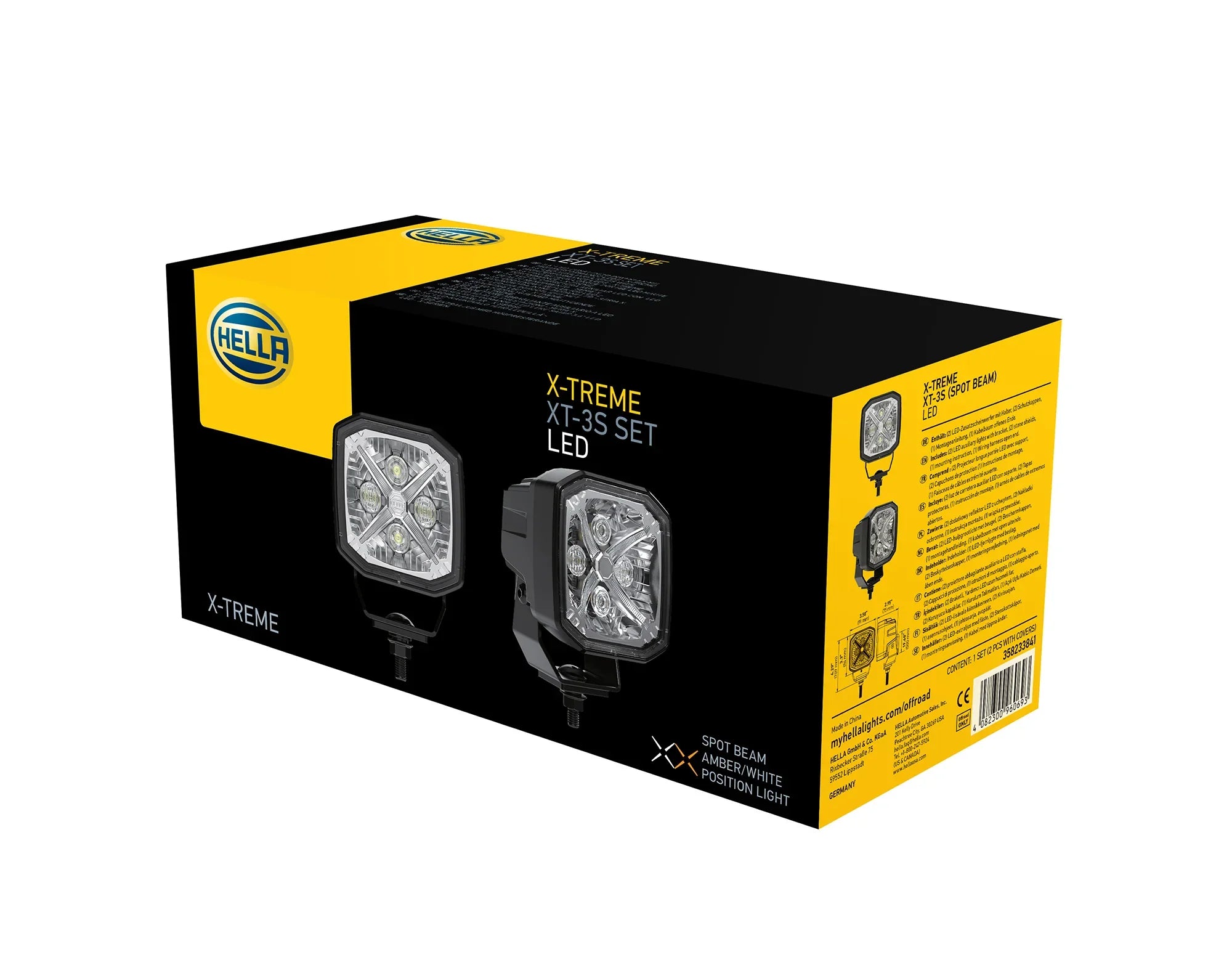 HELLA X-Treme Series LED Driving Lights XT-3S in white mode, X-shape position light, IP69K, rugged housing, auxiliary high-beam for off-road use.