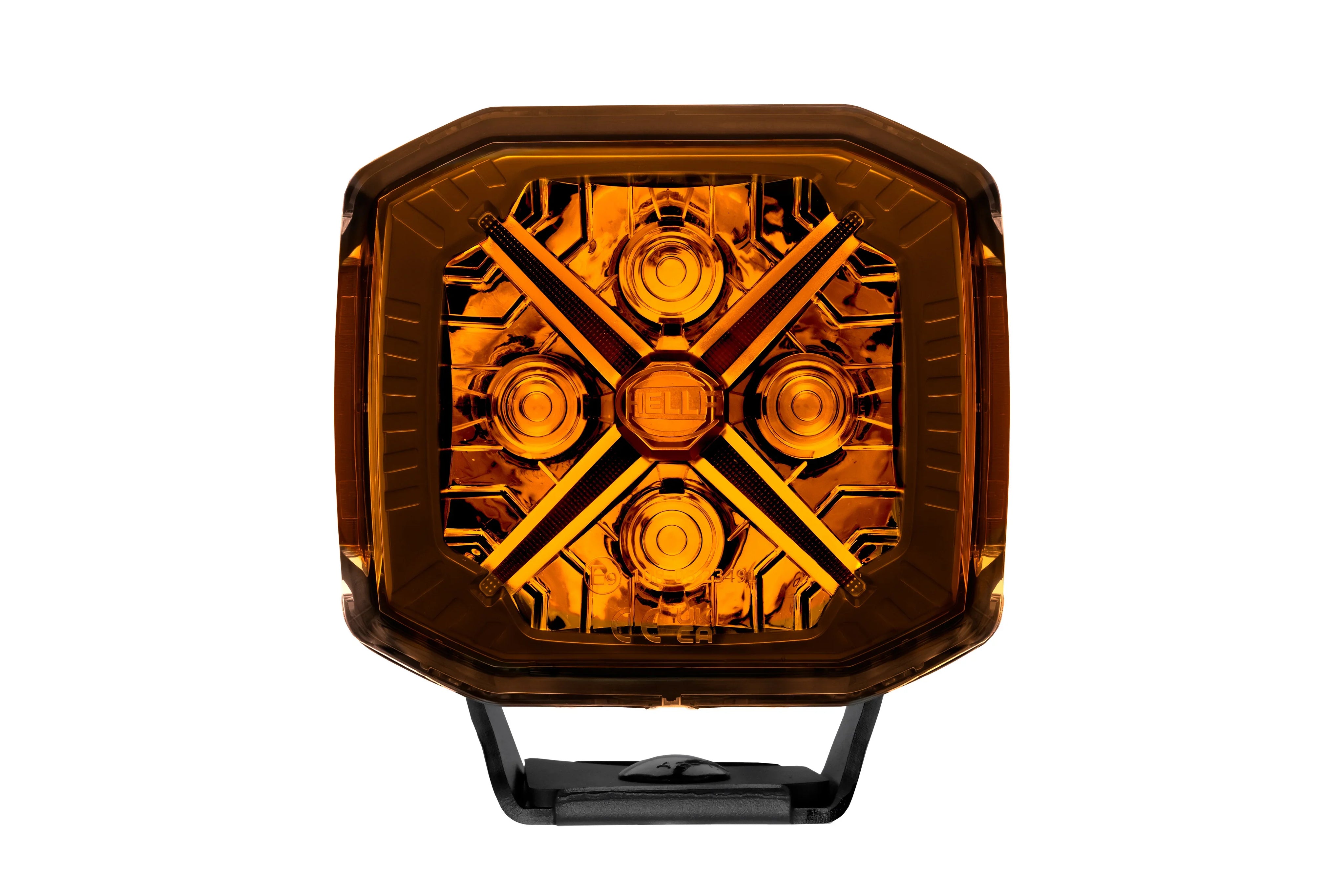 HELLA X-Treme Series LED Driving Lights in Amber mode, IP69K, X-shape position light, auxiliary high-beam, rugged aluminum housing, clear lens, off-road ready.