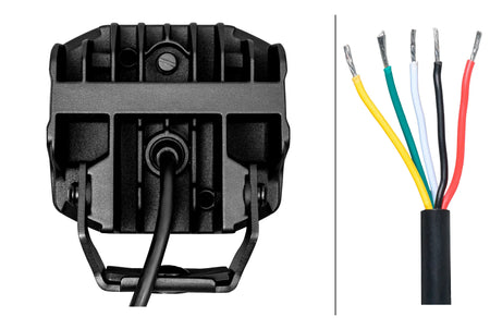 HELLA X-Treme Series LED Driving Lights rear view with rugged aluminum housing, IP69K, auxiliary high-beam wiring for off-road.
