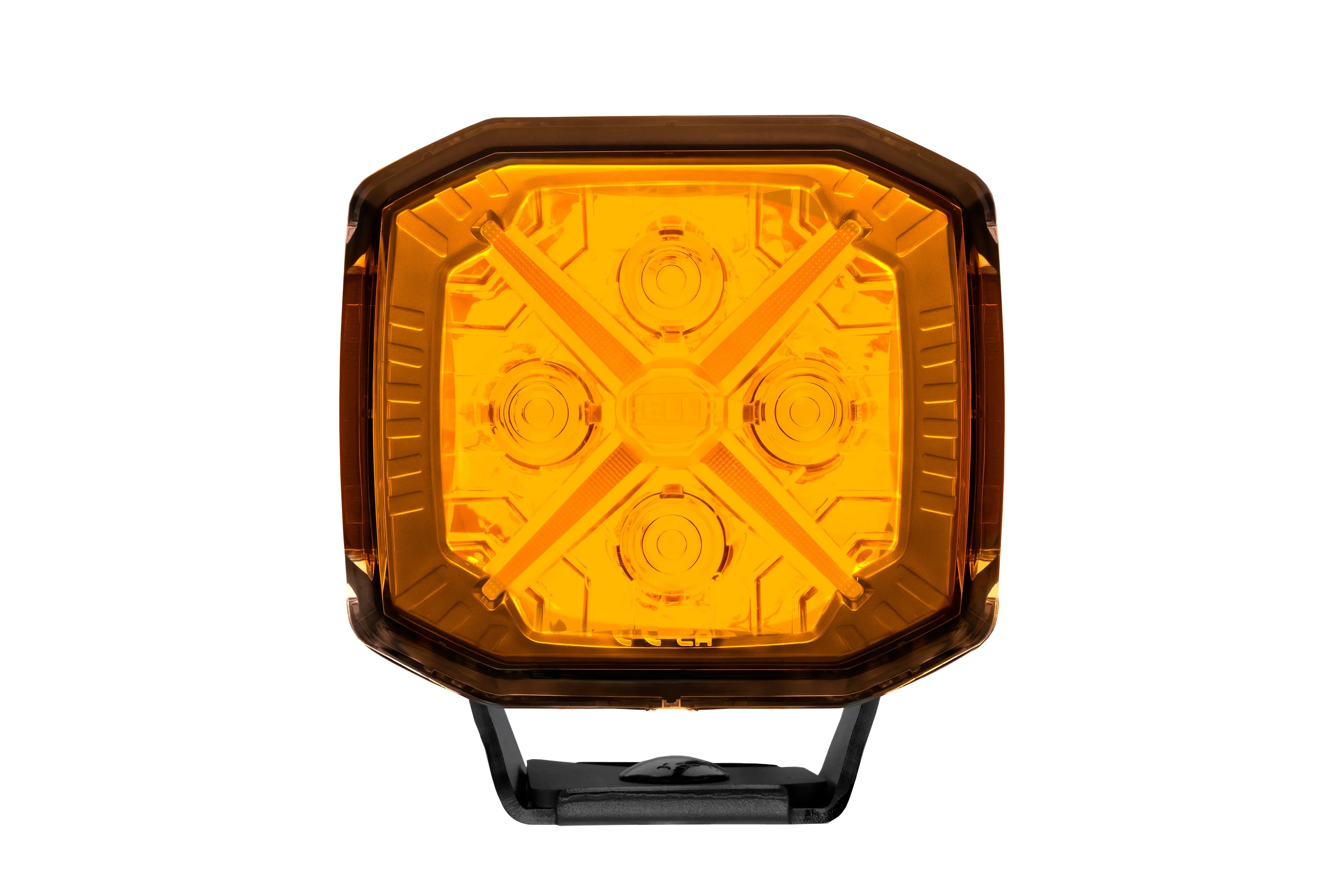 HELLA X-Treme Series LED Driving Lights in amber mode, X-shape position light, IP69K, rugged housing, auxiliary high-beam, off-road