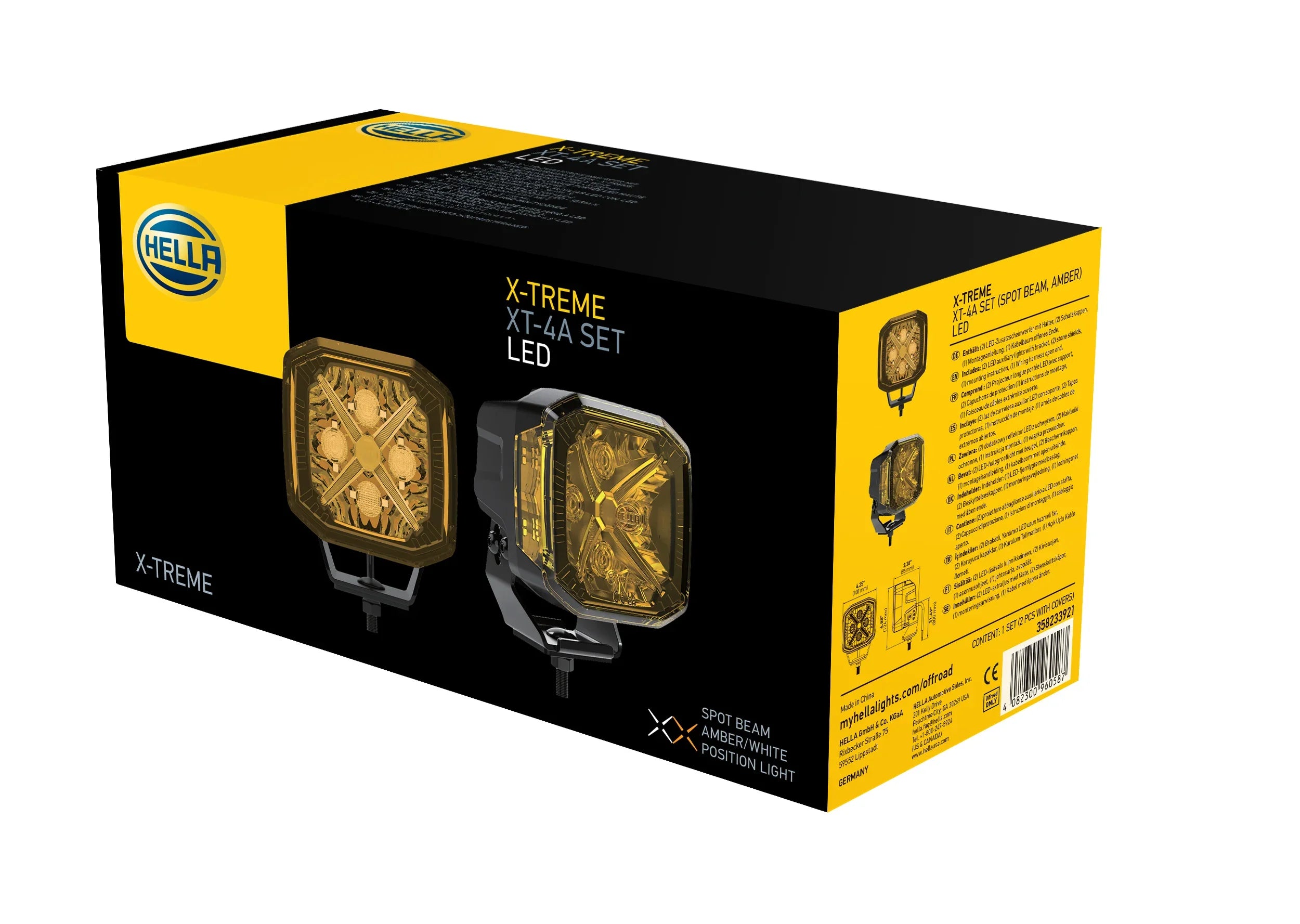 HELLA X-Treme Series XT-4A LED Driving Lights, amber mode with X-shape position light, IP69K off-road auxiliary high-beam.