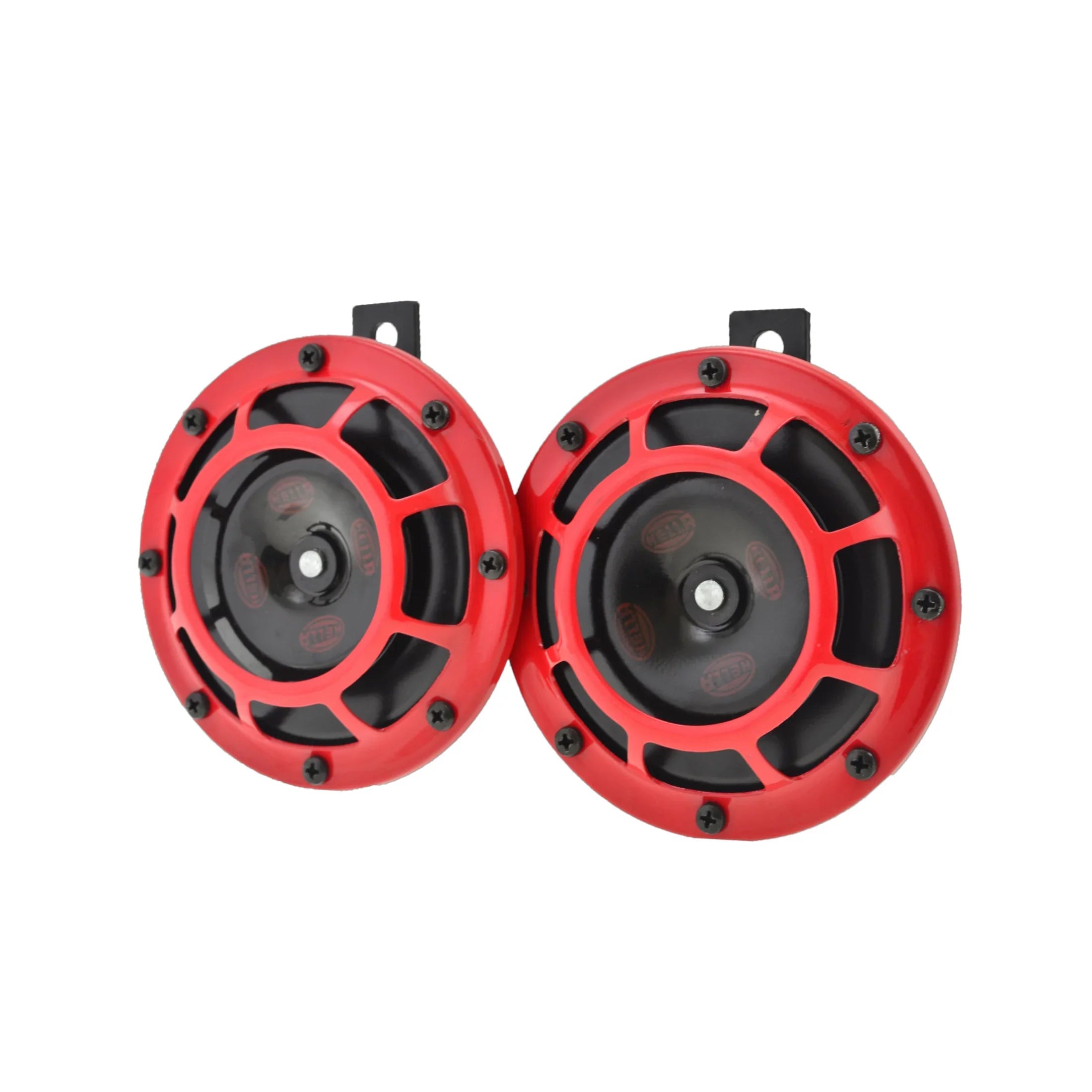 Red HELLA X-Treme Series LED driving lights with X-shape position, rugged housing, IP69K rated for off-road use.